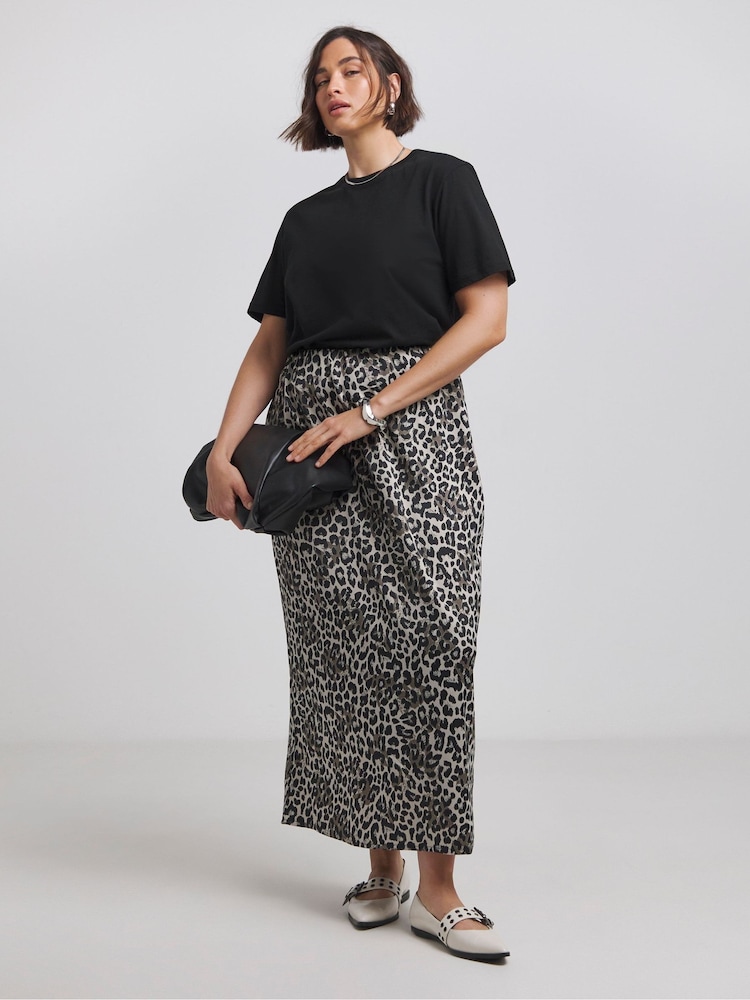 Simply Be Natural Leopard Print Satin Maxi Skirt - Image 1 of 4