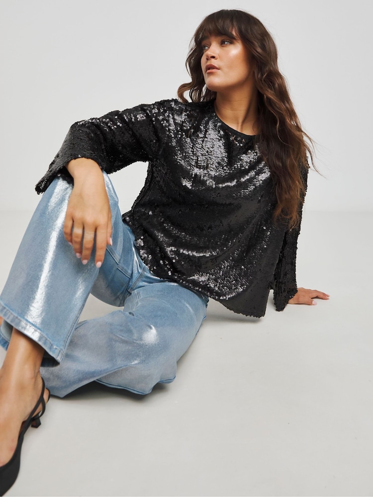 Simply Be Black Fluted Sleeve Sequin Top - Image 1 of 4 Simply Be Black Fluted Sleeve Sequin Top - Image 1 of 4