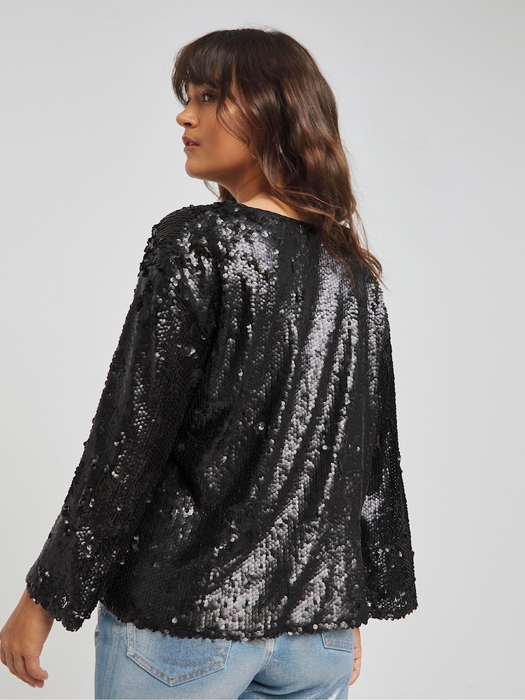 Simply Be Black Fluted Sleeve Sequin Top - Image 2 of 4 Simply Be Black Fluted Sleeve Sequin Top - Image 2 of 4