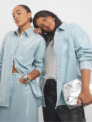 Simply Be Blue Oversized Light Wash Clear Sequin Shirt - Image 1 of 4