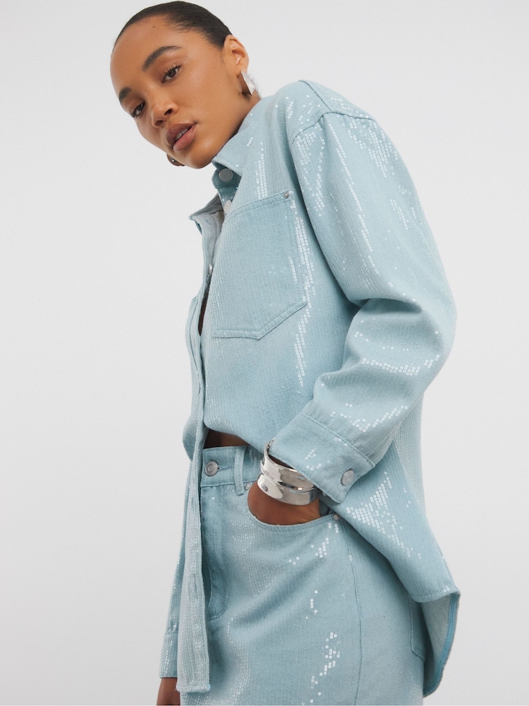 Simply Be Blue Oversized Light Wash Clear Sequin Shirt - Image 4 of 4