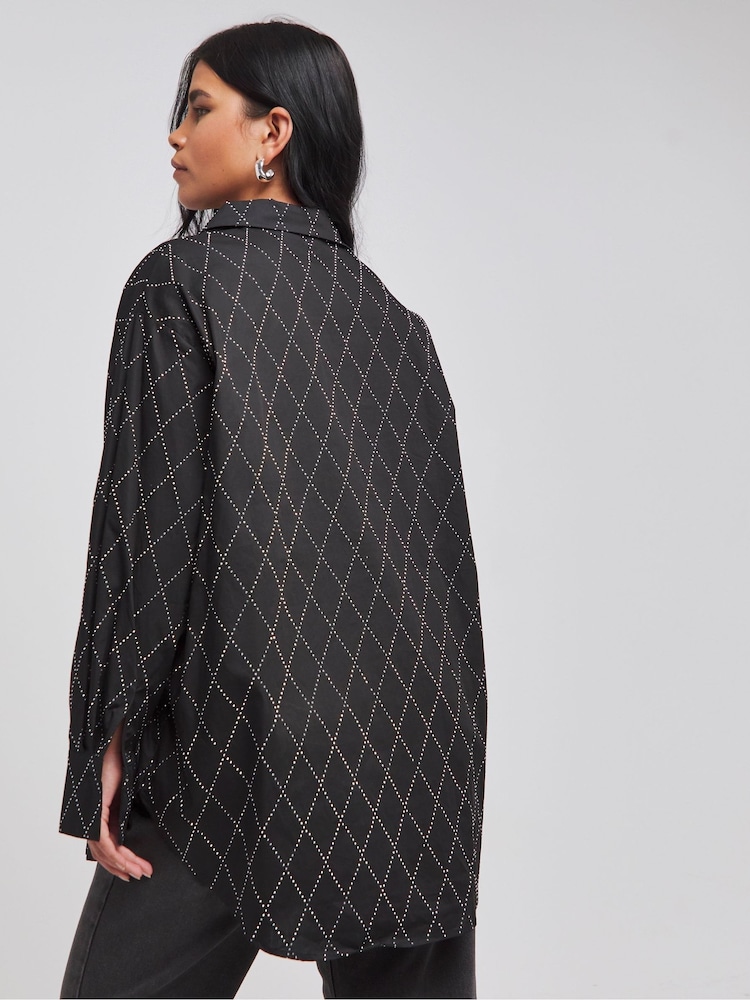 Simply Be Black Oversized 100% Cotton Embellished Shirt - Image 2 of 4 Simply Be Black Oversized 100% Cotton Embellished Shirt - Image 2 of 4