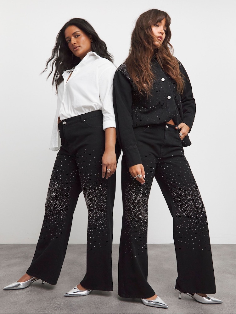 Negro - Simply Be 100% Cotton Embellished Wide Leg Jeans - Imagen 1 de 4