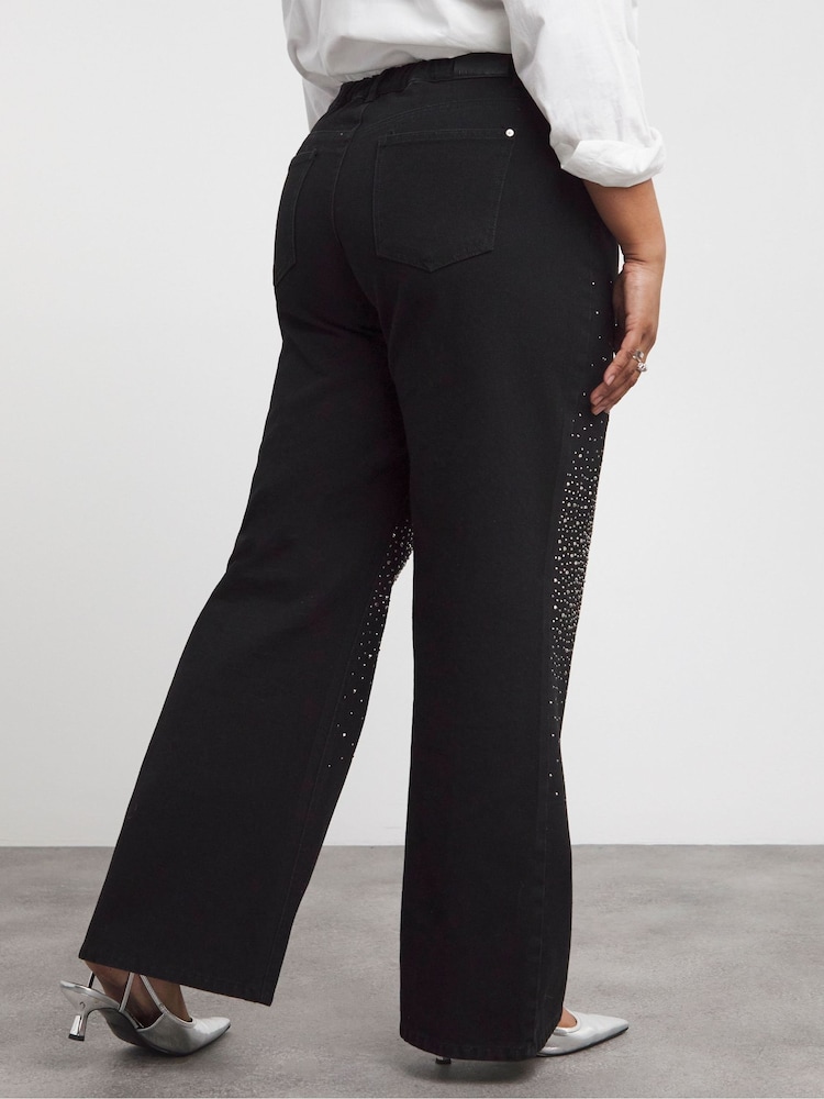 Negro - Simply Be 100% Cotton Embellished Wide Leg Jeans - Imagen 2 de 4