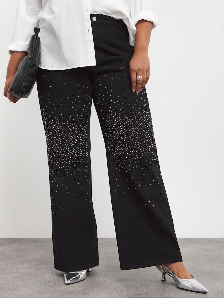 Negro - Simply Be 100% Cotton Embellished Wide Leg Jeans - Imagen 4 de 4