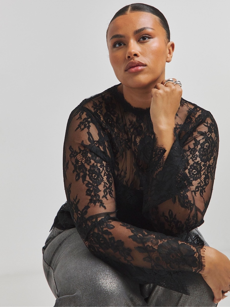 Simply Be Black Wide Sleeve Sheer Lace Blouse - Image 1 of 4