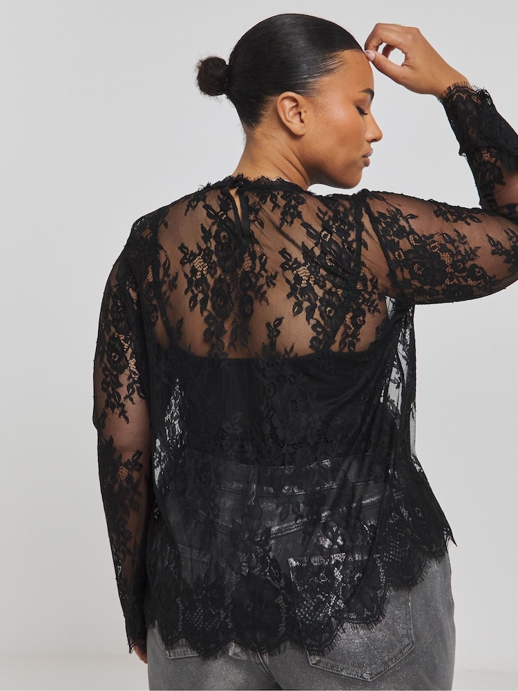 Simply Be Black Wide Sleeve Sheer Lace Blouse - Image 2 of 4