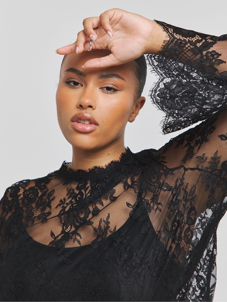 Simply Be Black Wide Sleeve Sheer Lace Blouse - Image 4 of 4