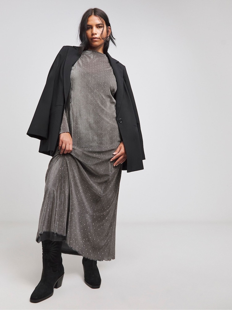 Simply Be Grey Diamonte Mesh Midaxi Dress - Image 2 of 4
