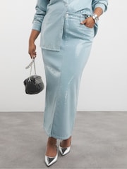 Simply Be Blue Light Wash Clear Sequin Maxi Skirt - Image 4 of 4