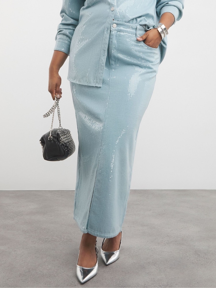 Simply Be Blue Light Wash Clear Sequin Maxi Skirt - Image 4 of 4