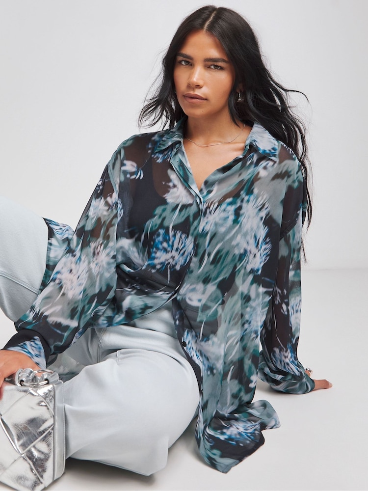 Simply Be Blue Oversized Sheer Shirt - Image 1 of 4 Simply Be Blue Oversized Sheer Shirt - Image 1 of 4