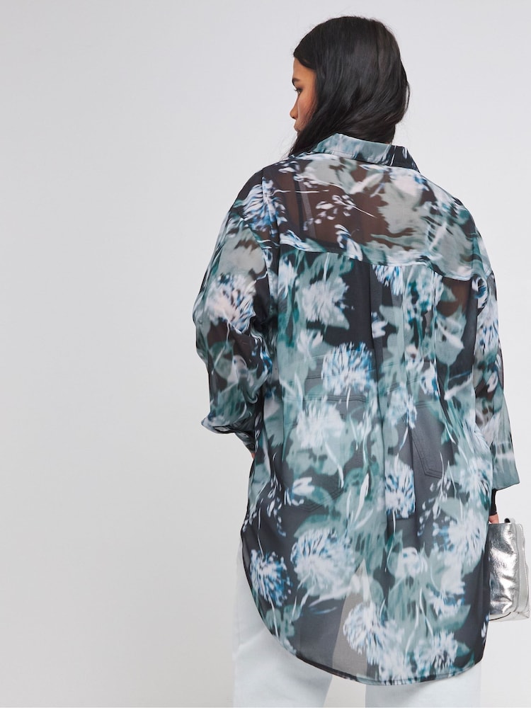 Simply Be Blue Oversized Sheer Shirt - Image 2 of 4 Simply Be Blue Oversized Sheer Shirt - Image 2 of 4