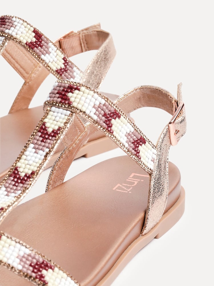 Linzi Rose Gold Sandie T-Bar Embellished Flat Sandals - Image 5 of 5