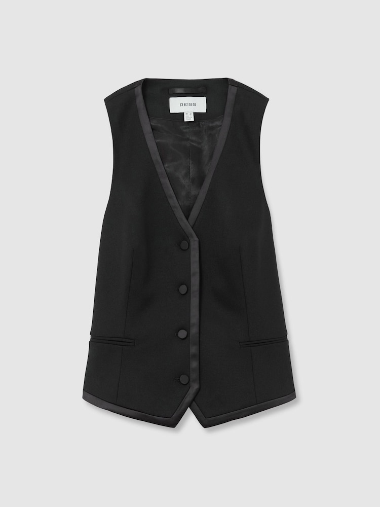Reiss Black Dakota Wool-Blend Tailored Tuxedo Waistcoat - Image 2 of 6 Reiss Black Dakota Wool-Blend Tailored Tuxedo Waistcoat - Image 2 of 6