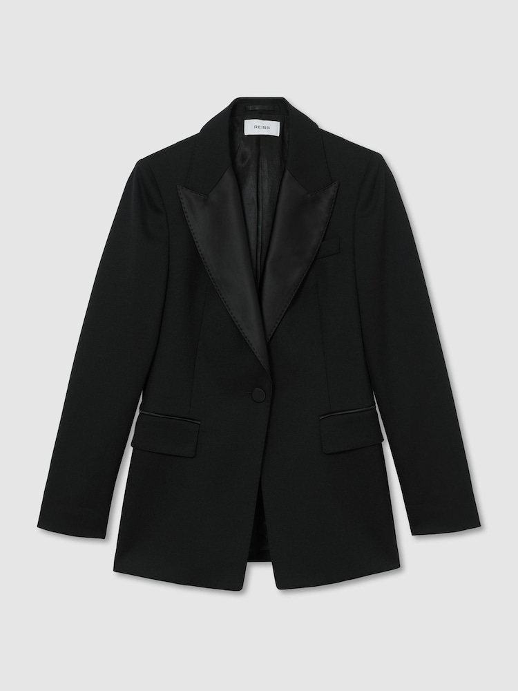 Reiss Black Dakota Petite Wool-Blend Single-Breasted Tuxedo Blazer - Image 2 of 9 Reiss Black Dakota Petite Wool-Blend Single-Breasted Tuxedo Blazer - Image 2 of 9