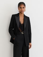 Reiss Black Dakota Petite Wool-Blend Single-Breasted Tuxedo Blazer - Image 4 of 9