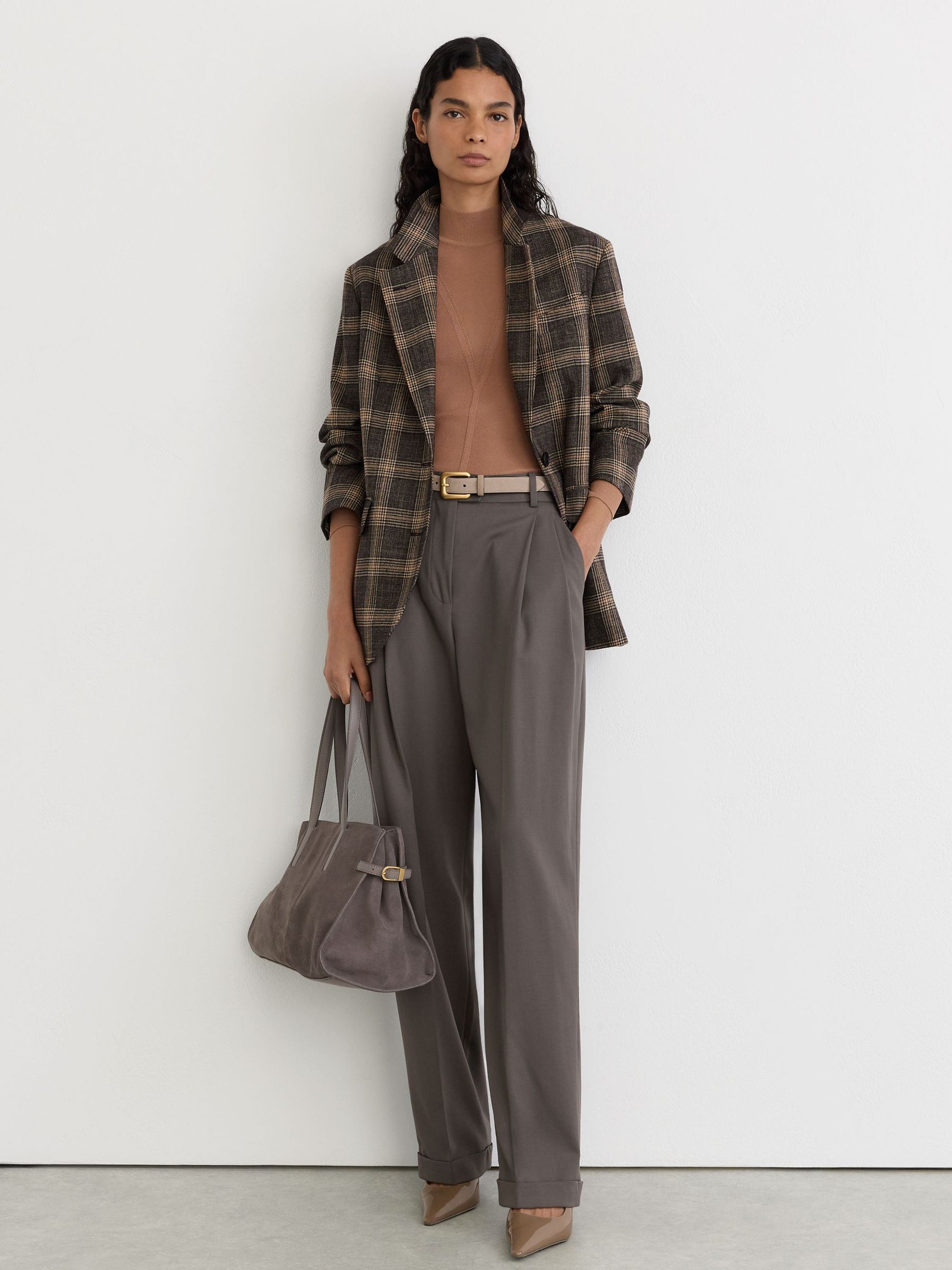 Reiss Brown Sandor Check Petite Wool Check Relaxed Single-breasted Blazer