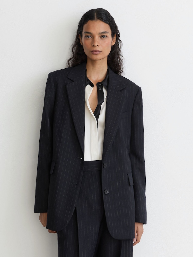 Reiss Navy Beck Wool Pinstripe Single-Breasted Suit Blazer Relaxed-Fit - Image 1 of 8 Reiss Navy Beck Wool Pinstripe Single-Breasted Suit Blazer Relaxed-Fit - Image 1 of 8