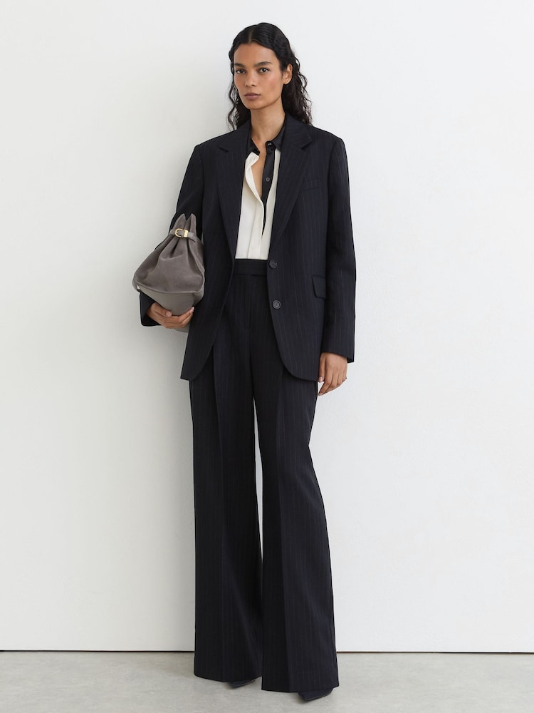 Reiss Navy Beck Petite Wool Pinstripe Single-Breasted Suit Blazer Relaxed-Fit - Image 1 of 9 Reiss Navy Beck Petite Wool Pinstripe Single-Breasted Suit Blazer Relaxed-Fit - Image 1 of 9