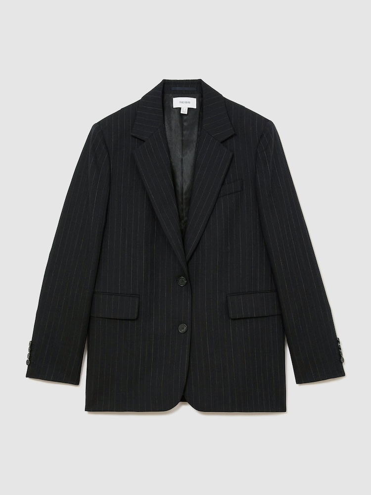 Reiss Navy Beck Petite Wool Pinstripe Single-Breasted Suit Blazer Relaxed-Fit - Image 2 of 9 Reiss Navy Beck Petite Wool Pinstripe Single-Breasted Suit Blazer Relaxed-Fit - Image 2 of 9
