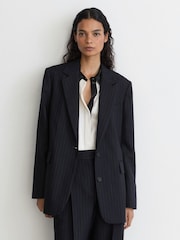 Reiss Navy Beck Petite Wool Pinstripe Single-Breasted Suit Blazer Relaxed-Fit - Image 3 of 9