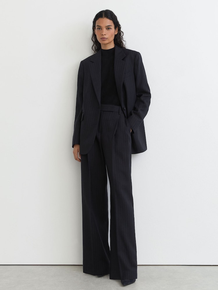 Reiss Navy Beck Petite Wool Pinstripe Wide-Leg Suit Trousers - Image 1 of 10 Reiss Navy Beck Petite Wool Pinstripe Wide-Leg Suit Trousers - Image 1 of 10