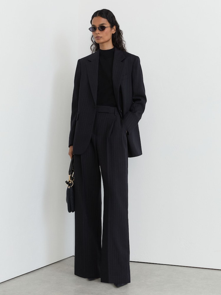 Reiss Navy Beck Wool Pinstripe Wide-Leg Suit Trousers - Image 1 of 9 Reiss Navy Beck Wool Pinstripe Wide-Leg Suit Trousers - Image 1 of 9