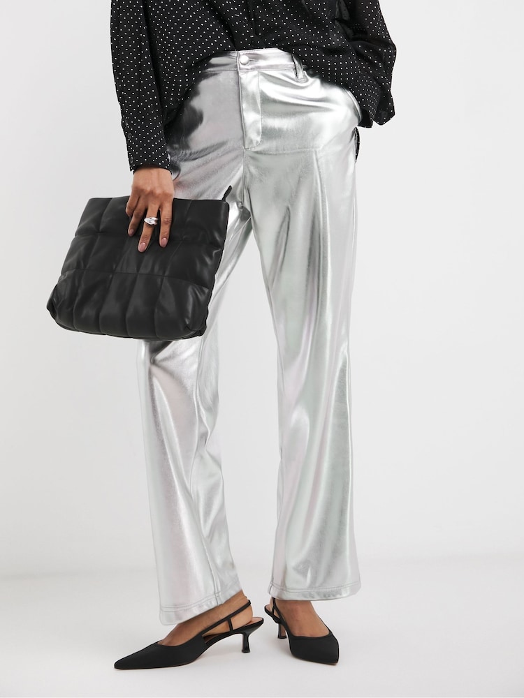 JD Williams Silver PU Leather Look Straight Leg Trousers Laura