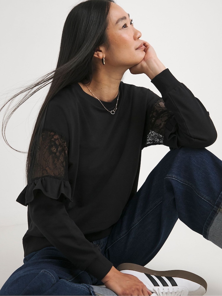 JD Williams Black Lace Sleeve Detail Sweatshirt - Image 1 of 4 JD Williams Black Lace Sleeve Detail Sweatshirt - Image 1 of 4