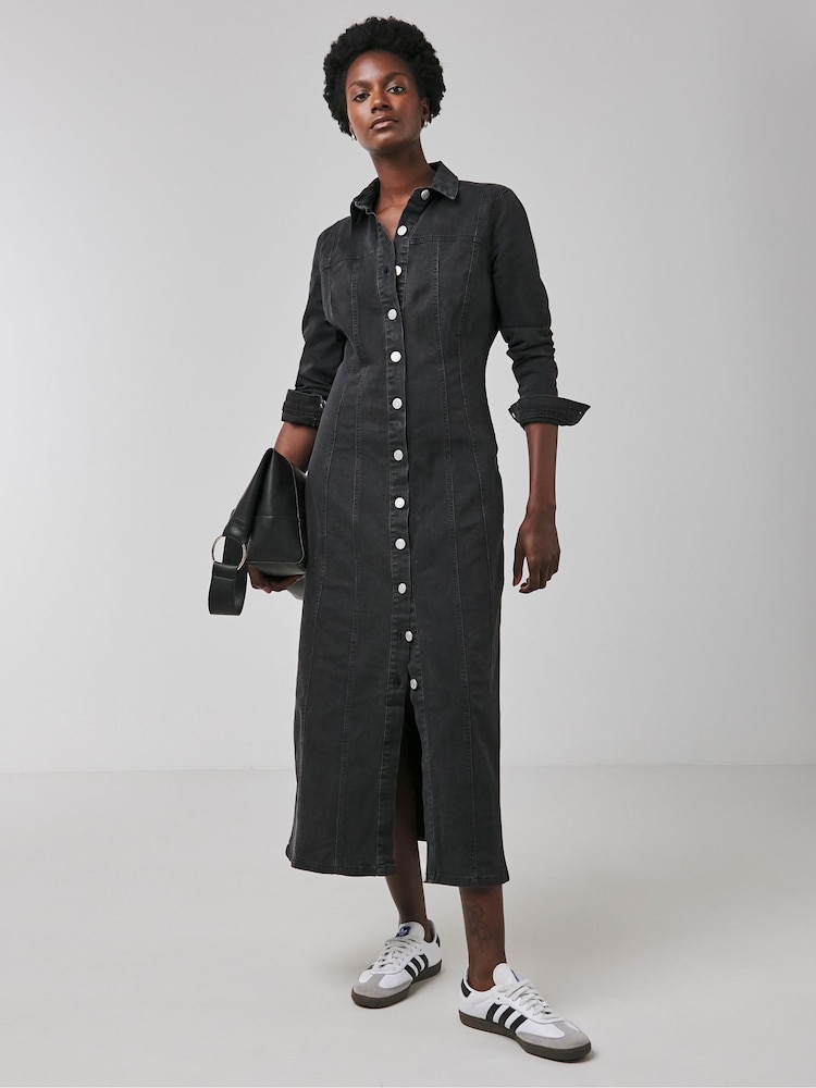 JD Williams Black Fitted Denim Shirt Dress - Image 1 of 4