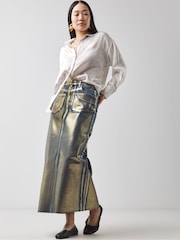 JD Williams Gold Metallic Denim Midi Column Skirt - Image 1 of 4