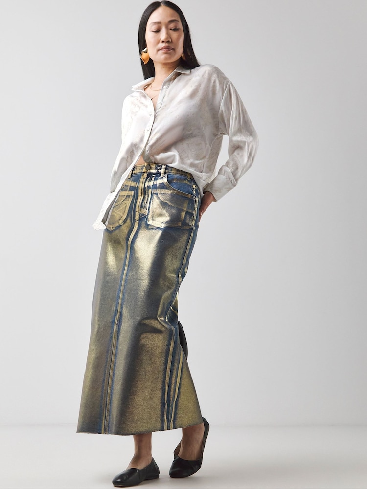 JD Williams Gold Metallic Denim Midi Column Skirt - Image 1 of 4