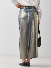 JD Williams Gold Metallic Denim Midi Column Skirt - Image 2 of 4