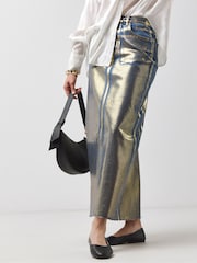 JD Williams Gold Metallic Denim Midi Column Skirt - Image 3 of 4