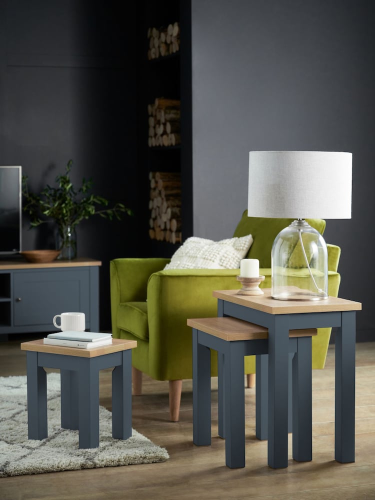 Navy Blue Malvern Oak Effect Rectangle Set of 3 Nest of Tables - Image 1 of 7