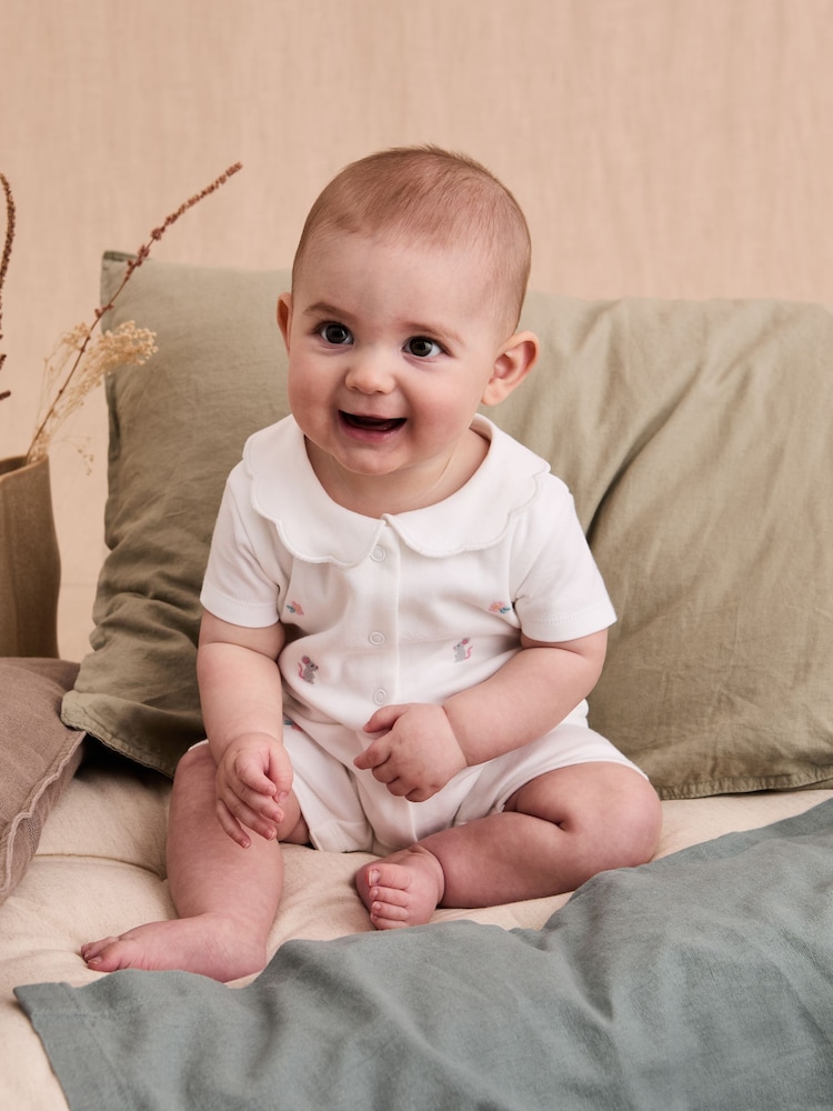JoJo Maman Bébé White Cotton Short Sleeve Embroidered Romper - Image 1 of 7