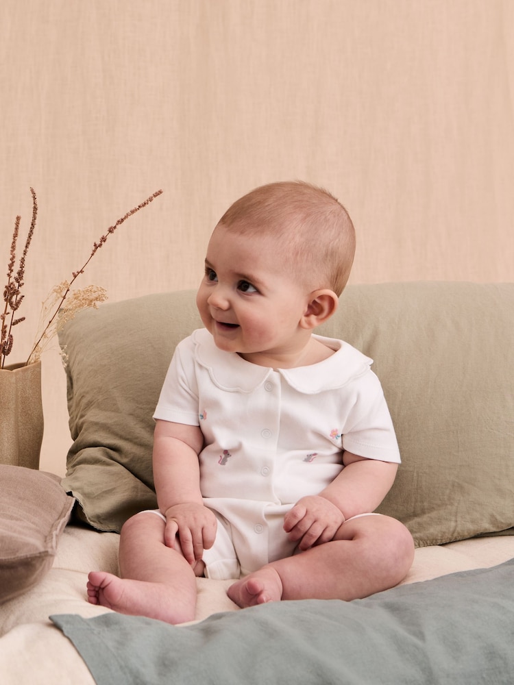 JoJo Maman Bébé White Cotton Short Sleeve Embroidered Romper - Image 2 of 7