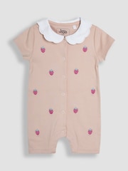 JoJo Maman Bébé Pink 100% Organic Cotton Short Sleeve Strawberry Sleepsuit - Image 1 of 3