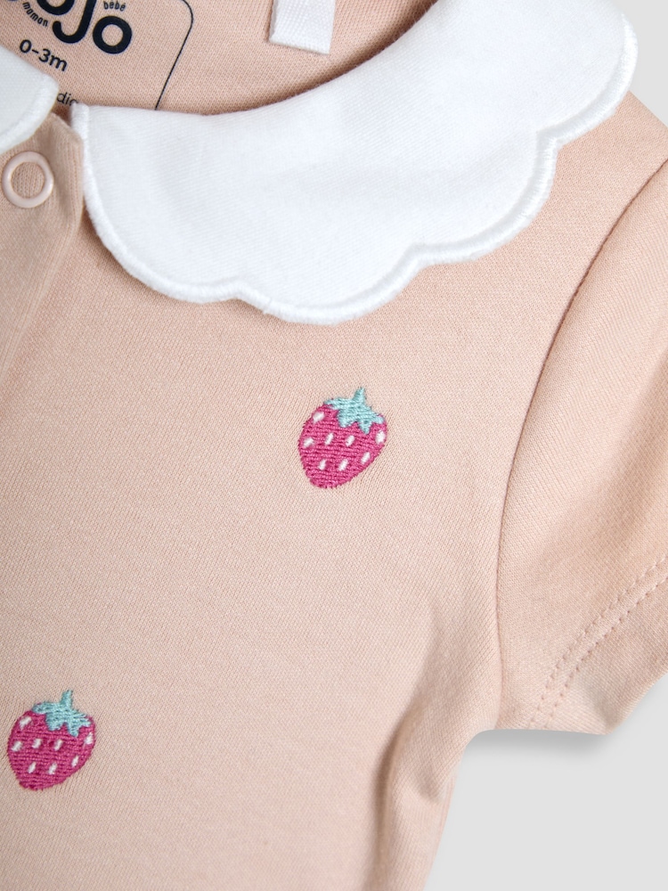JoJo Maman Bébé Pink 100% Organic Cotton Short Sleeve Strawberry Sleepsuit - Image 3 of 3