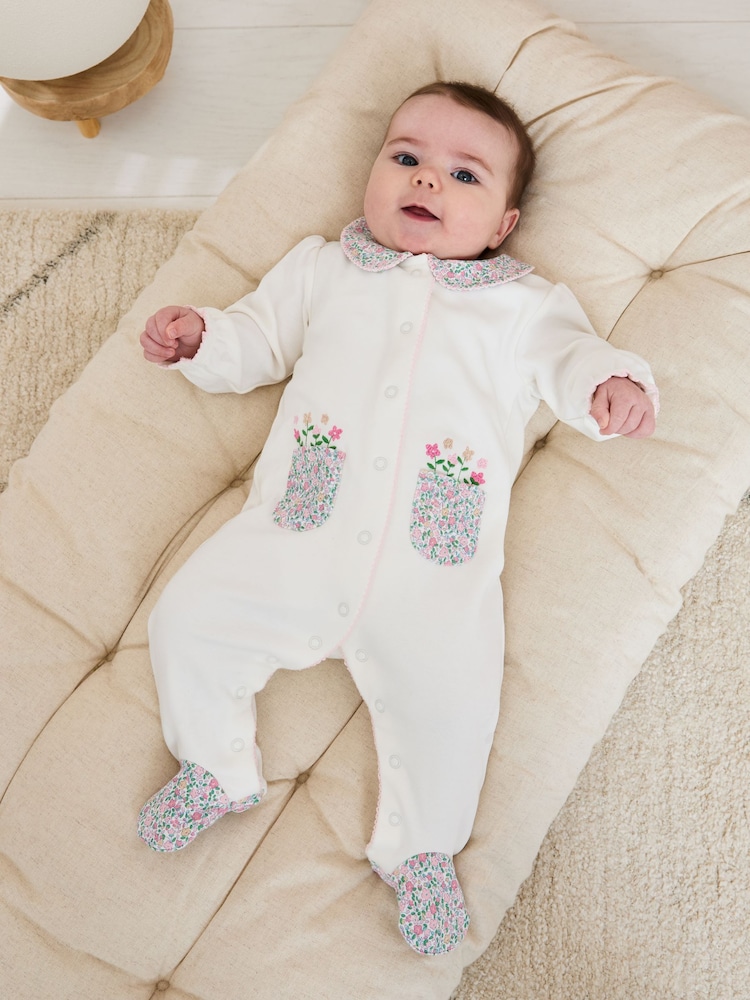 JoJo Maman Bébé Cream Footed Collar 100% Cotton Embroidered Sleepsuit - Image 1 of 6