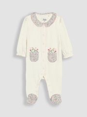 JoJo Maman Bébé Cream Footed Collar 100% Cotton Embroidered Sleepsuit - Image 4 of 6