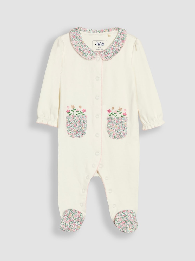JoJo Maman Bébé Cream Footed Collar 100% Cotton Embroidered Sleepsuit - Image 4 of 6