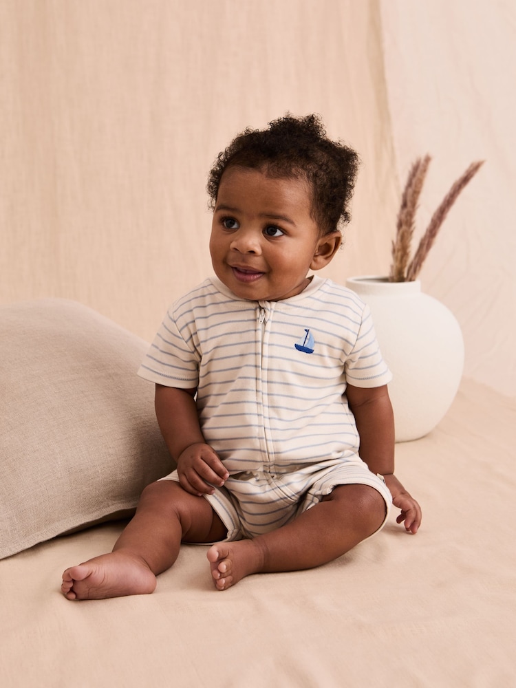 JoJo Maman Bébé Cream Cotton Short-Sleeved Stripe Romper - Image 1 of 6