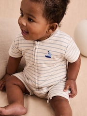 JoJo Maman Bébé Cream Cotton Short-Sleeved Stripe Romper - Image 2 of 6
