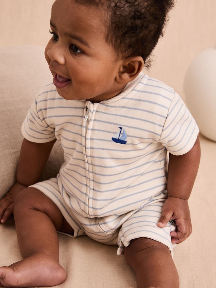 JoJo Maman Bébé Cream Cotton Short-Sleeved Stripe Romper - Image 2 of 6