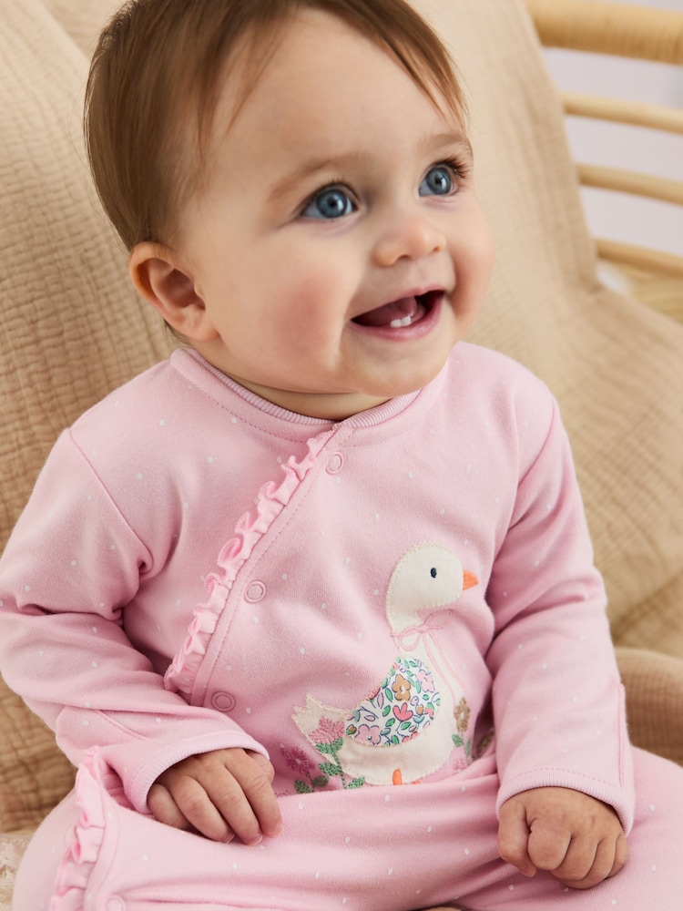 JoJo Maman Bébé Pink Duck 100% Cotton Footed Appliqué Sleepsuit - Image 1 of 4