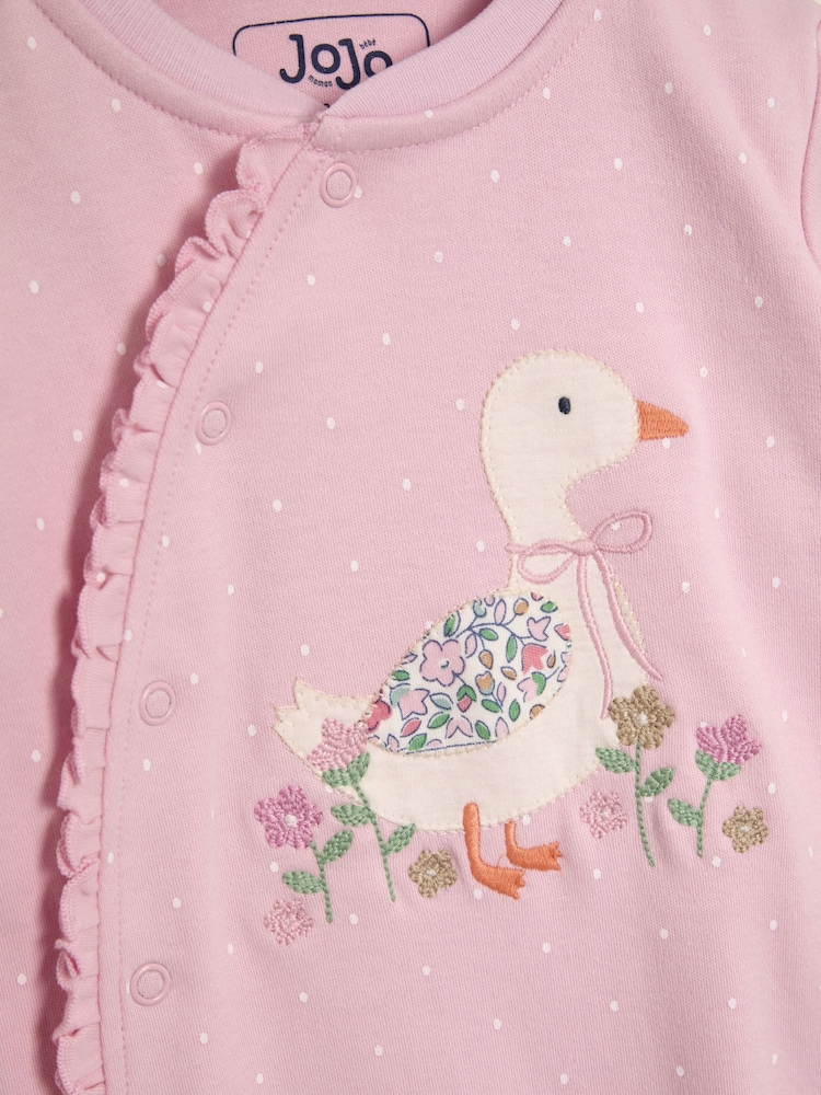 JoJo Maman Bébé Pink Duck 100% Cotton Footed Appliqué Sleepsuit - Image 4 of 4