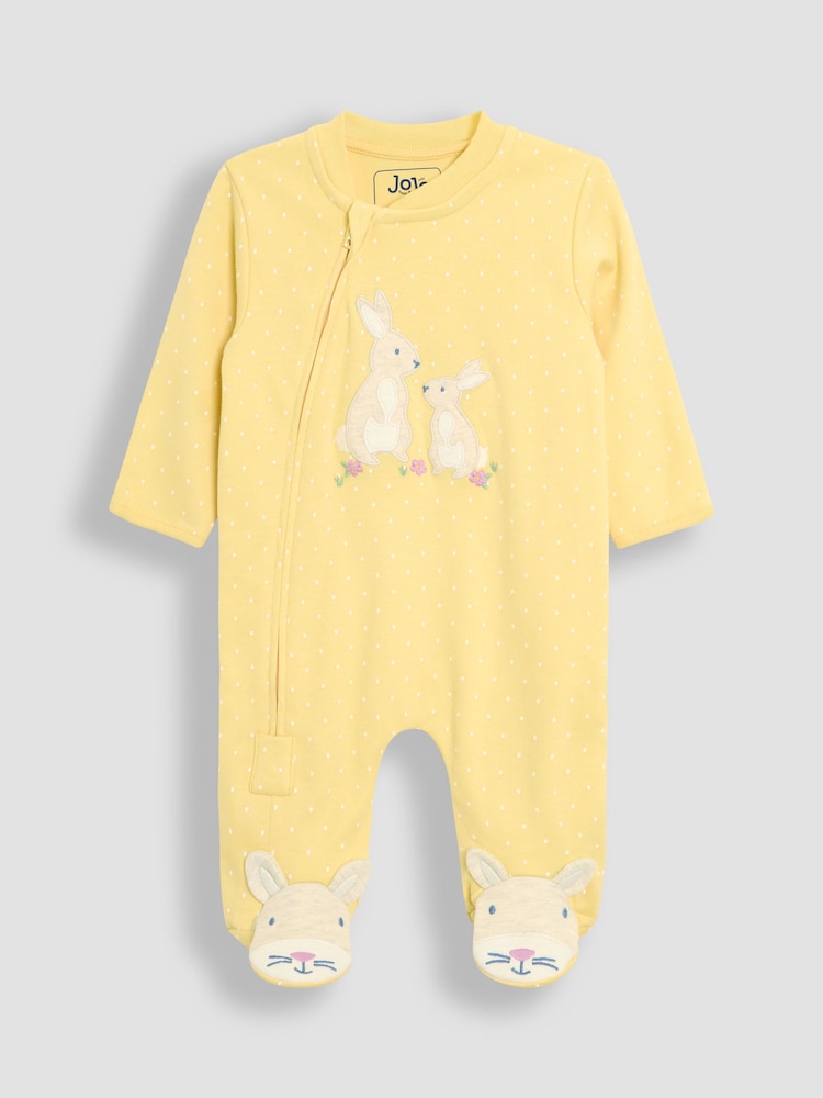 JoJo Maman Bébé Yellow 100% Cotton Footed Appliqué Zip Sleepsuit - Image 1 of 3