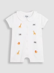 JoJo Maman Bébé White 100% Organic Cotton Short Sleeve Safari Embroidered Sleepsuit - Image 1 of 3
